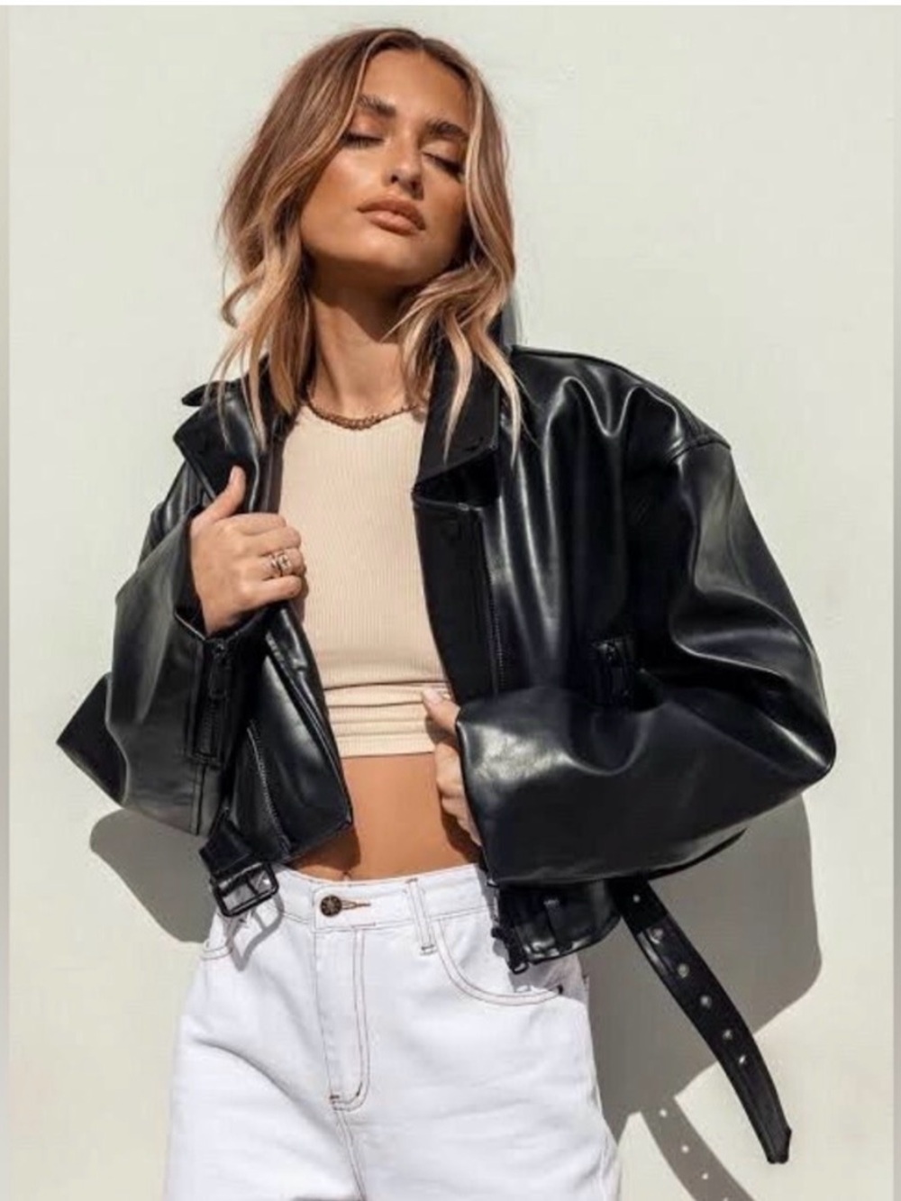 NWT Lioness Women's Staten Island Black Faux Leather Biker Jacket Size L